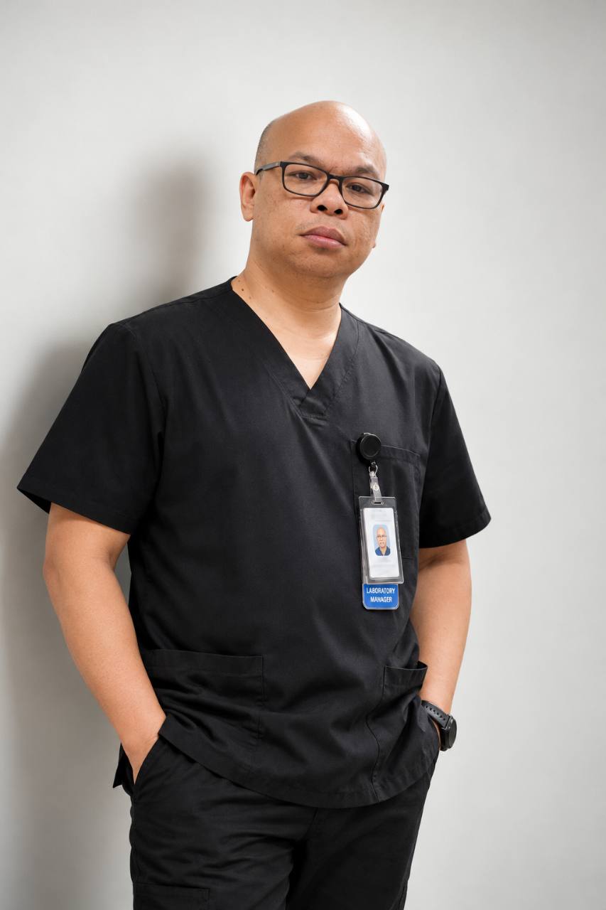 Linmer Perolino in black scrubs, original reference photograph